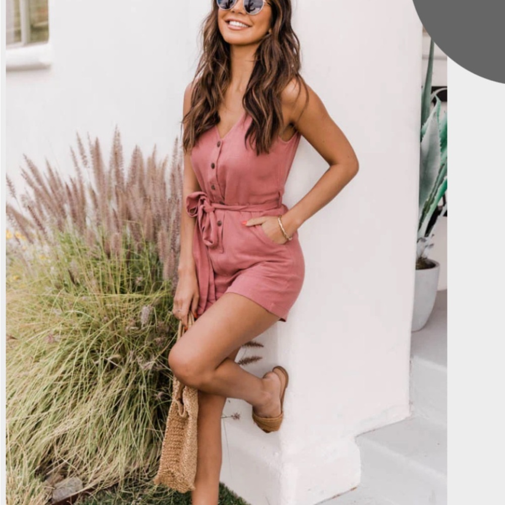 Pink Lily : Ready To Roll Button Front Tie Waist Rose Romper